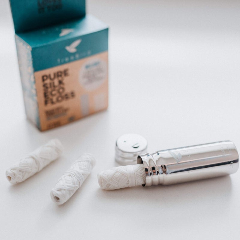 TreeBird Pure Silk Eco Floss Kit - Refillable Floss Dispenser (Stainless Steel) + 3Ã—33 yd Silk Refills | Waxed with Candelilla Wax | Mint - Image 4